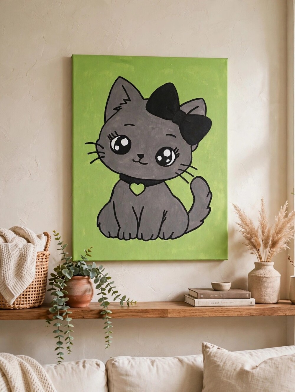Cute Gray Cat Canvas Painting 9x12 | Kawaii Kitty Wall Art